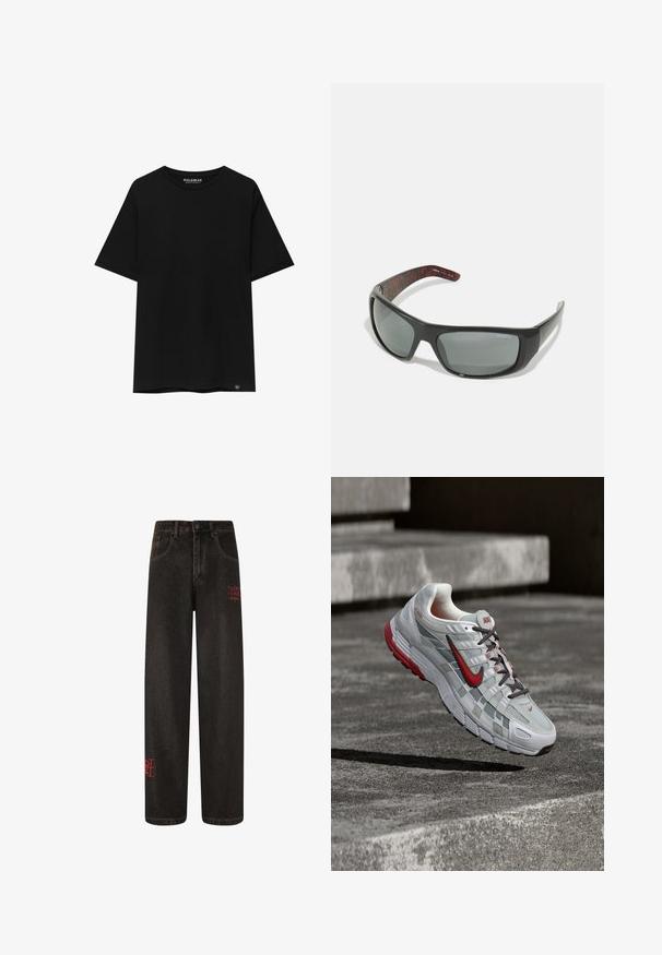 Sort kortærmet t-shirt lavet af bomuld, med rund hals og et lille mærke nederst til venstre.; Sorte denim wide-leg jeans med synlige sømme og rød broderet tekst. Har en klassisk knaplukning og bæltestropper.; Hvid og grå Nike løbesko med røde accenter og sorte snørebånd, ophængt over grå beton-trin.; Arnette HOT SHOT - Solbriller - dark grey