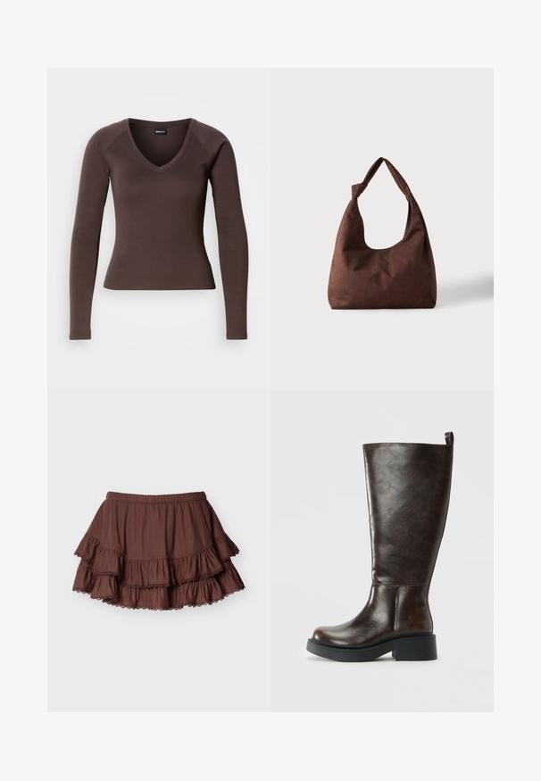 Haut à manches longues marron en V, à la silhouette ajustée, fabriqué en tissu extensible doux, avec des manches raglan et des ourlets nets.; Mini-jupe marron à volants superposés avec une ceinture élastique et des volants bordés de dentelle sur un fond clair uni.; Botte en cuir marron foncé, haute jusqu'au genou, avec bout arrondi, semelle épaisse noire, petit talon bloc et une languette au dos en haut.; Sac à main en tissu marron texturé avec une seule anse nouée, présenté sur un fond clair uni.