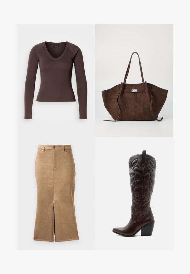 Brun langærmet V-hals top med en tætsiddende silhuet, fremstillet af glat strækstof, med raglanærmer og rene kanter.; Brun ruskind midi-skirt med slids foran, kontrasterende syninger og fem-lomme design. Glat tekstur og tætsiddende facon.; Høj mørkebrun læder cowboystøvle med syede dekorative mønstre, spids tå og stablet blokhæle.; Brun ruskinds tote taske med en bred, struktureret form, dobbelte håndtag og en sølvfarvet spænde i midten. Tekstureret overflade med minimale detaljer.