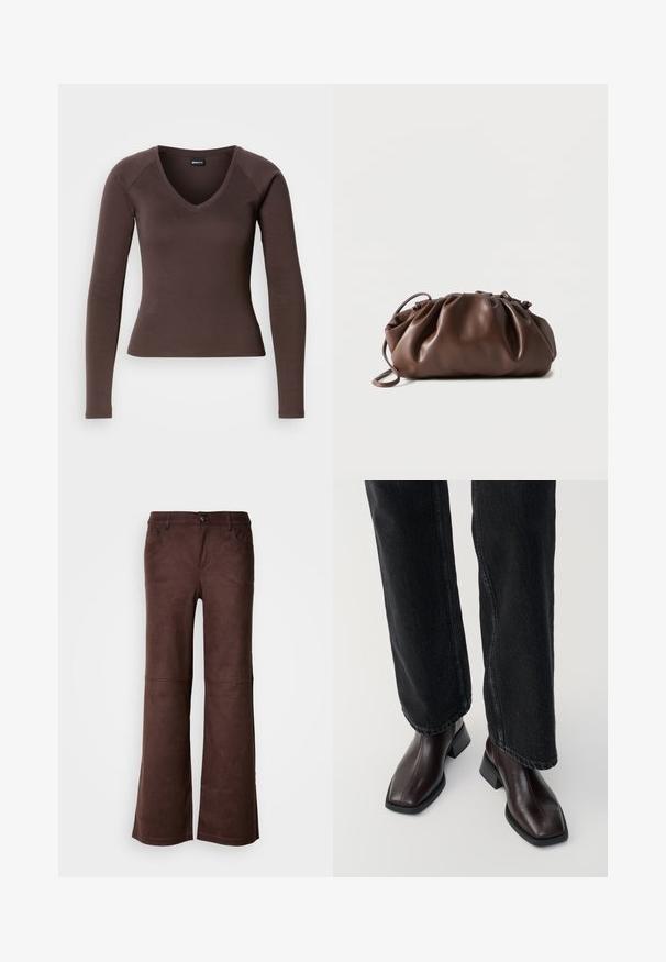 Haut à manches longues marron en V, à la silhouette ajustée, fabriqué en tissu extensible doux, avec des manches raglan et des ourlets nets.; Pantalons évasés marron en tissu doux semblable à du daim. Comprend quatre poches, une fermeture à bouton et une surface lisse et texturée.; Bottines en cuir marron avec un orteil carré et un talon carré, associées à un jeans noir à jambes larges. Texture lisse et design minimaliste.; Sacoche en cuir marron doux avec un haut froncé et une fine bandoulière, posée sur un fond blanc.