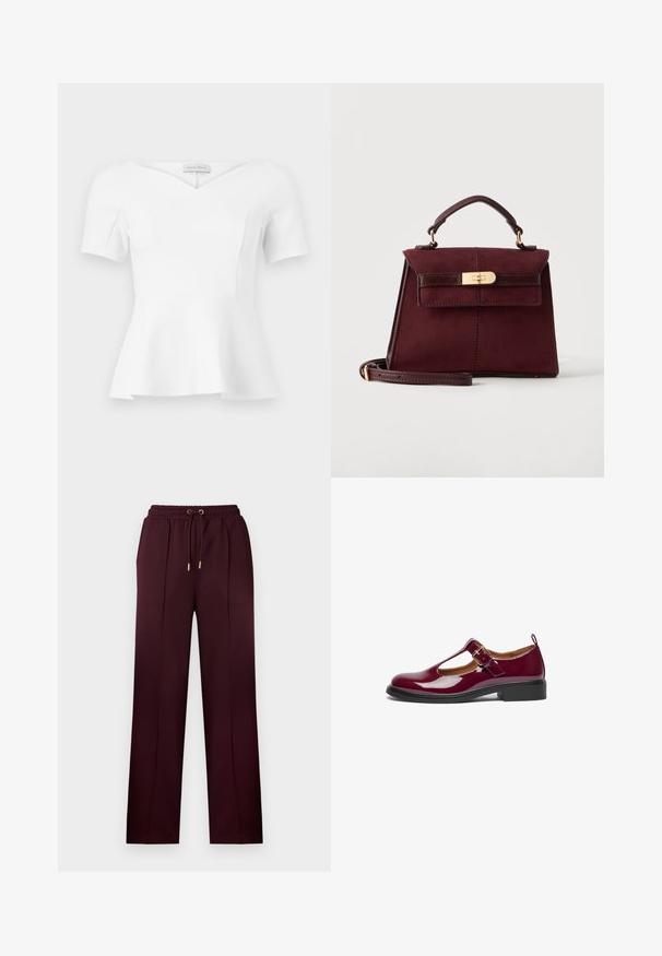 Haut blanc à manches courtes avec basque, encolure en cœur et taille cintrée, étiquette "Anna Field" visible à l'intérieur du col.; Pantalon bordeaux en tissu lisse, doté d'une taille à cordon, de plis et d'une coupe décontractée avec des jambes droites. Détails métalliques dorés.; Chaussure Mary Jane en cuir verni bourgogne avec un bout arrondi, une bride T, une boucle ajustable et un petit talon carré. Texture lisse et design simple.; Sac à main en cuir bordeaux foncé avec une poignée supérieure, un fermoir à tourniquet doré et une bandoulière amovible sur un fond uni.