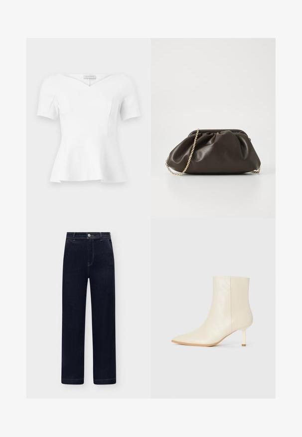 Hvid peplum-top med korte ærmer, hjertesnitsudskæring og figursyet talje, mærket "Anna Field" synligt indeni kraven.; Mørkeblå denimjeans med høj talje, lige ben, forlommer, knaplukning og bæltestropper på en lys baggrund.; Cremefarvet ankelstøvle med spids tå og slank mellemhøj hæl, glat tekstur, vist fra ydersiden på hvid baggrund.; Brun læderhandtaske med en sammensnøring, guld kædestrop og blød, struktureret overflade. Kompakt form velegnet til aftensbrug.