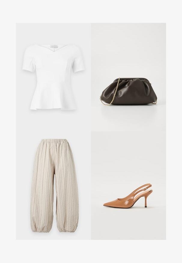 Haut blanc à manches courtes avec basque, encolure en cœur et taille cintrée, étiquette "Anna Field" visible à l'intérieur du col.; Pantalon beige ample avec des rayures noires verticales, taille élastique et poignets élastiques froncés aux chevilles.; Escarpin à talon slingback à bout pointu en matériau beige lisse et brillant. Présente un design de découpes courbées et un talon aiguille fin. Détail de boucle en argent.; Sac à main en cuir marron avec un design froncé, une bandoulière en chaîne dorée et une finition douce et texturée. Sa forme compacte est idéale pour une utilisation en soirée.