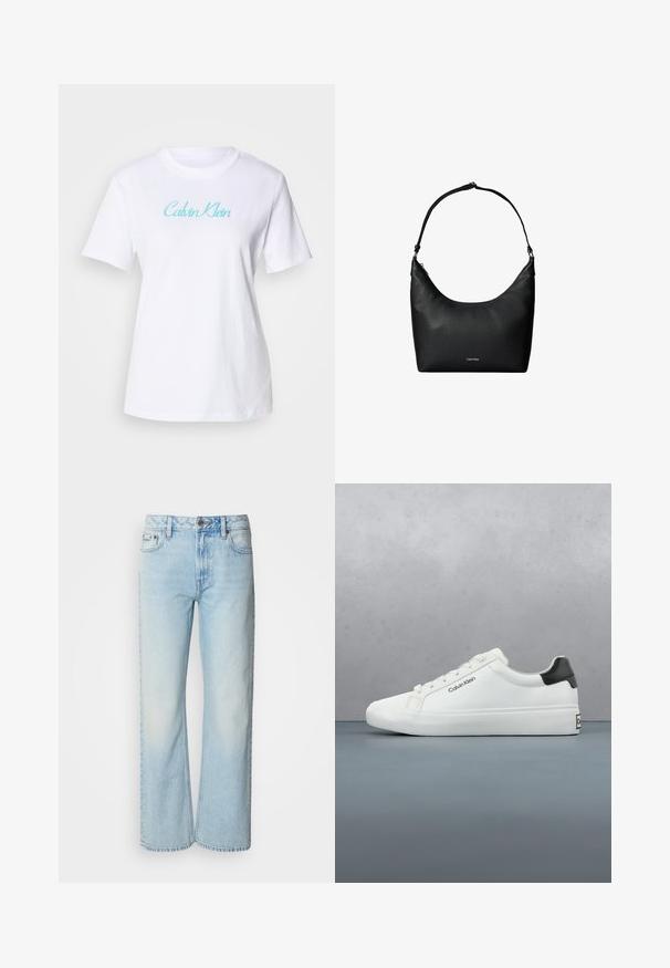 T-shirt en coton blanc à manches courtes et encolure ronde, avec un logo "Calvin Klein" bleu clair sur la poitrine.; Jeans à jambes larges bleu clair en denim, présentant un design classique à cinq poches et une texture légèrement décolorée. La couture en denim est visible.; Sneaker blanche avec une finition lisse, accent noir au talon et design à lacets. Présente le logo "Calvin Klein" sur le côté. Style minimaliste.; Sac à bandoulière en cuir noir texturé avec une sangle unique et un petit logo Calvin Klein au centre avant.