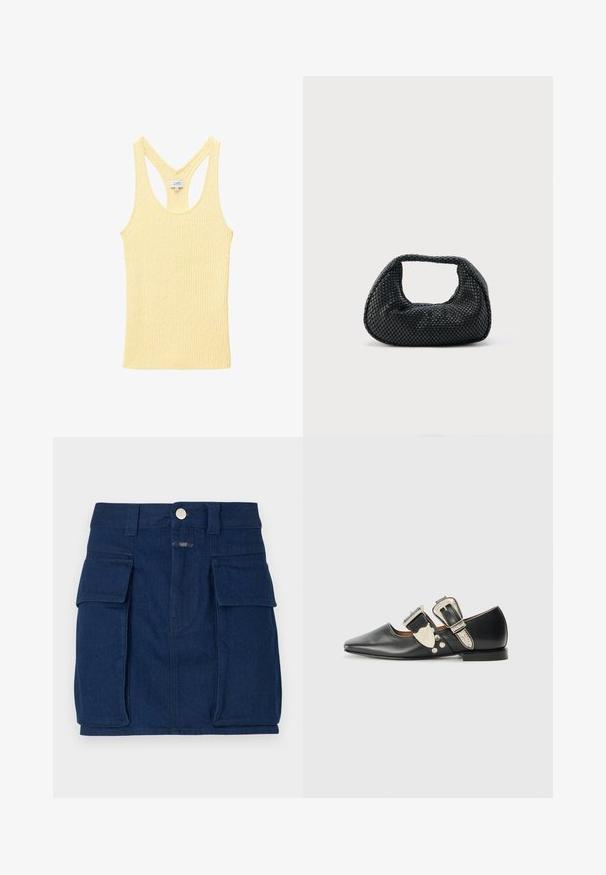 Blød gul ribbet tanktop med racerback-design, lavet af tekstureret strikstof.; Mørkeblå denimnederdel med to store forlommer, en metalknaplukning og lige snit. Let tekstureret stof.; Sorte læder flade sko med spidse tå, sølv spænde detaljer og dekorative nitter. Har en lav hæl og glat tekstur.; Sort flettet hobo-taske med blød struktur og integreret håndtag, vist på en ensfarvet lys baggrund.