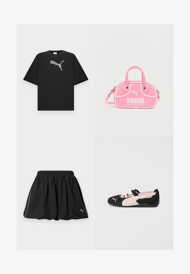 T-shirt noir oversize à manches courtes, avec un grand logo Puma blanc au centre devant.; Jupe courte sportive noire avec taille élastique, liseré blanc sur le côté et petit logo Puma sur le côté inférieur droit.; Ballerines en suède noir et rose clair avec des sangles élastiques, un bout arrondi et une semelle en caoutchouc texturée, arborant un petit logo à l'avant.; Sac à main rose brillant avec deux poignées, accents blancs et un logo PUMA bien visible. Comprend une bandoulière amovible et une fermeture éclair.