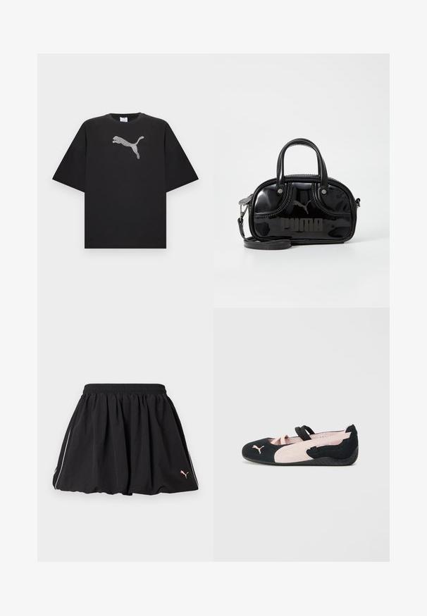 T-shirt noir oversize à manches courtes, avec un grand logo Puma blanc au centre devant.; Jupe courte sportive noire avec taille élastique, liseré blanc sur le côté et petit logo Puma sur le côté inférieur droit.; Ballerines en suède noir et rose clair avec des sangles élastiques, un bout arrondi et une semelle en caoutchouc texturée, arborant un petit logo à l'avant.; Sac à main en cuir verni noir avec des poignées supérieures doubles, une bandoulière amovible, une forme arrondie et un logo "PUMA" en relief bien visible.