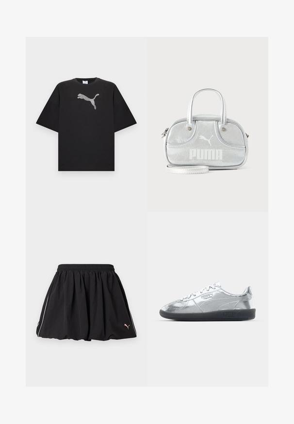 Sort oversized T-shirt med korte ærmer, der har en stor hvid Puma-logo i midten foran.; Sort kort atletisk nederdel med elastisk talje, hvid piping i siden og lille Puma-logo på nederste højre side.; Sølv sneakers med en glat, reflekterende overdel, der har sorte gummisåler og klassisk snøredesign. Puma-logo på siden.; Lille metallic sølvfarvet Puma-håndtaske med to top-håndtag, en lang rem, frontlogo og lynlåslukning på en ensfarvet lys baggrund.