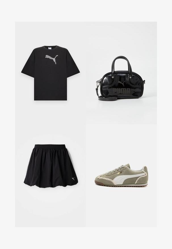 Zwart oversized T-shirt met korte mouwen, voorzien van een groot wit Puma-logo middenvoor.; Zwarte sportrok met een elastische tailleband, voorzien van zijpanelen in het wit en een klein logo op de zoom. Gemaakt van lichtgewicht stof.; Groene suède sneakers met witte leren accenten, geprofileerde stiksels, vetersluiting aan de voorkant en rubberen zool. Bevat unieke ontwerpelementen langs de zijkanten.; Zwarte lakleren handtas met dubbele handvatten aan de bovenkant, afneembare schouderriem, ronde vorm en opvallend gegraveerd "PUMA" logo.