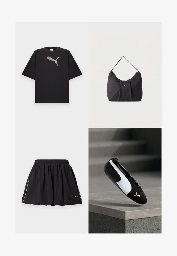 T-shirt noir oversize à manches courtes, avec un grand logo Puma blanc au centre devant.; Jupe courte sportive noire avec taille élastique, liseré blanc sur le côté et petit logo Puma sur le côté inférieur droit.; Baskets Puma noir et blanc avec lacets flottant au-dessus d'un rebord en béton sur un fond flou d'escaliers gris.; Sac bandoulière noir texturé avec plis, une seule poignée, et un petit logo Puma doré centré sur le devant.