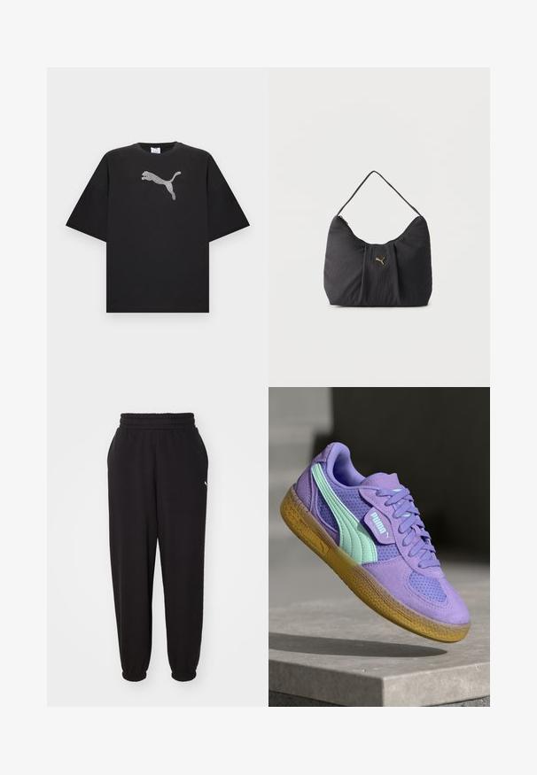 Camiseta negra de gran tamaño con mangas cortas, que presenta un gran logo blanco de Puma en el centro del frente.; Pantalones de chándal negros hechos de tela suave, con cinturilla acanalada y tobillos ajustados. Incluye un pequeño logotipo en el costado.; Zapatillas de ante púrpura y malla con acentos en menta, diseño de cordones y suela de goma texturizada. Presenta la marca PUMA en el lateral.; Bolso de hombro negro con textura, pliegues, un solo asa y un pequeño logo dorado de Puma centrado en la parte frontal.