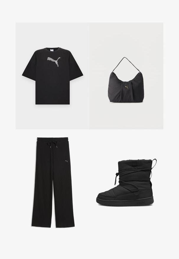 Sort oversized T-shirt med korte ærmer, der har en stor hvid Puma-logo i midten foran.; Sorte vid ribbede bukser med elastisk snøre i taljen og lille Puma-logo på venstre lår; Sort isoleret støvle med en kviltet struktur, elastisk snøre lukning, polstret kant og en gummisål med et minimalistisk logo.; Sort skuldertaske med tekstur og folder, et enkelt håndtag og et lille gyldent Puma-logo centreret på forsiden.