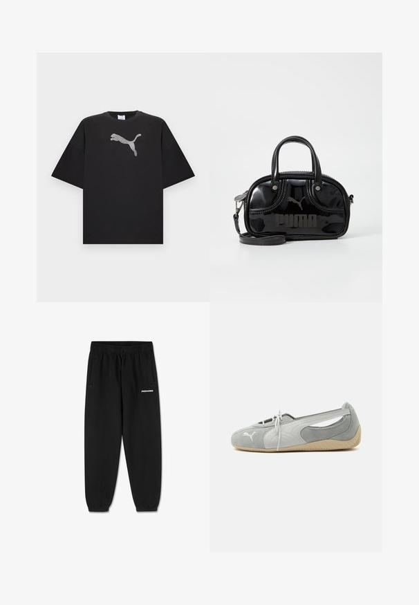 Sort oversized T-shirt med korte ærmer, der har en stor hvid Puma-logo i midten foran.; Sorte joggebukser med elastisk talje og manchetter, sidelommer og hvid "PEGADOR" logo på det øverste højre ben.; Lysegrå Puma ruskind flad sko med hvidt logo, snørelukning foran, udskårne sider og beige tekstureret sål, vist fra ydersiden.; Sort lakeret håndtaske med dobbelte top-håndtag, aftagelig skulderrem, rund form og et fremtrædende præget "PUMA"-logo.