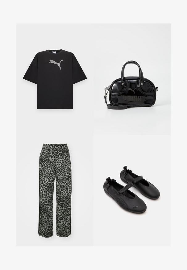 Schwarzes weit geschnittenes T-Shirt mit kurzen Ärmeln, das vorn in der Mitte ein großes weißes Puma-Logo zeigt.; Leopardmuster-Hosen in Grautönen mit lockerer Passform, elastischem Bund und schwarzen Seitendetails für zusätzlichen Kontrast.; Paar schwarze Leder Mary Jane-Schuhe mit elastischem Fersenbereich und Klettverschluss, mit einem dezenten Puma-Logo auf jeder Zehe.; Schwarze Lacklederhandtasche mit doppelten Griffen oben, abnehmbarem Schulterriemen, runder Form und hervorgehobenem geprägten "PUMA"-Logo.
