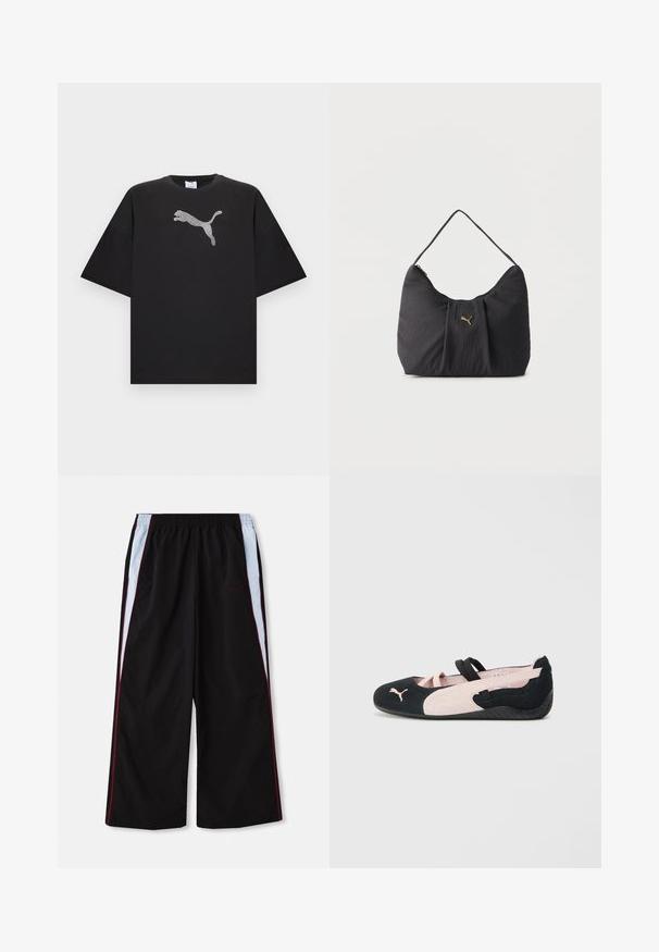T-shirt noir oversize à manches courtes, avec un grand logo Puma blanc au centre devant.; Pantalons de sport noirs à jambes larges, ornés de rayures latérales bleu clair et rouges, avec un petit logo "FENTY" à l'avant.; Ballerines en suède noir et rose clair avec des sangles élastiques, un bout arrondi et une semelle en caoutchouc texturée, arborant un petit logo à l'avant.; Sac bandoulière noir texturé avec plis, une seule poignée, et un petit logo Puma doré centré sur le devant.