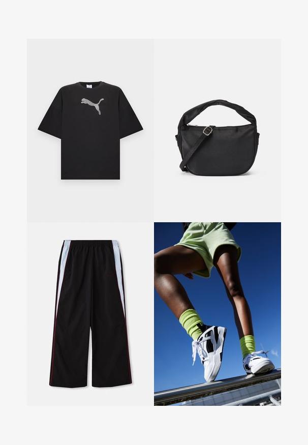 Must must suurendatud T-särk lühikeste varrukatega, mille keskel esiküljel on suur valge Puma logo.; Mustad sportpüksid laia säärtega, millel on helesinised ja punased külje triibud ning ees väike "FENTY" logo.; Valged ja mustad spordijalatsid tekstuursete talladega, koos erksate roheliste ribakätistega sokkidega. Taustal on selge sinine taevas.; Must mustra kott, millel on keerdkäepide, eemaldatav rihm ja lukuga pealmine sulgur. Sile tekstuur ja minimalistlik disain.