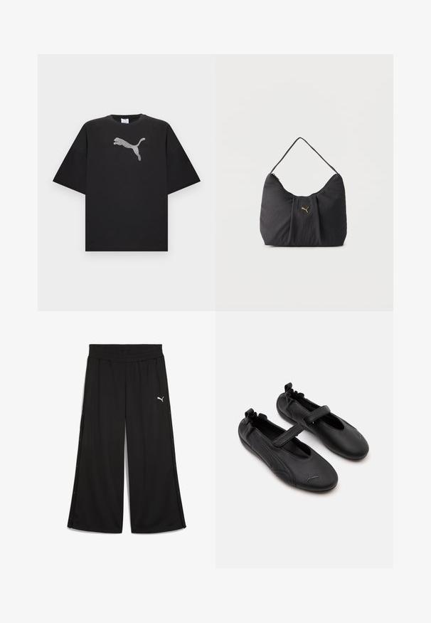 T-shirt noir oversize à manches courtes, avec un grand logo Puma blanc au centre devant.; Pantalon de sport noir avec une taille élastique, boutons-pression sur les côtés et logo Puma blanc à l'avant. Fabriqué en tissu léger.; Paire de chaussures en cuir noir style Mary Jane avec arrière élastiqué et bride velcro, avec un logo Puma discret sur chaque orteil.; Sac bandoulière noir texturé avec plis, une seule poignée, et un petit logo Puma doré centré sur le devant.