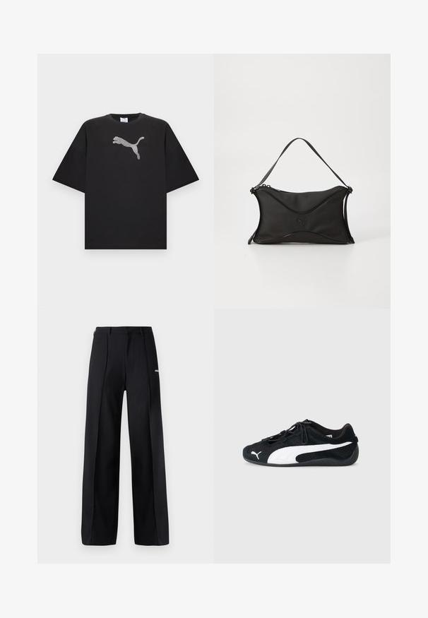 Čierne oversized tričko s krátkymi rukávmi, s veľkým bielym logom Puma uprostred prednej časti.; Čierne nohavice s širokým strihom vyrobené z hladkej tkaniny, s plisovaním a malým logom. Navrhnuté s stredne vysokým pásom.; Čierne športové topánky z kombinácie sieťoviny a semišu, s bielym logom Puma, elastickými šnúrkami a štruktúrovanou gumovou podrážkou.; Čierna kabelka s mäkkým, textúrovaným materiálom. Má vlnitý dizajn, jeden ramenný popruh a jemný detail loga na prednej strane.