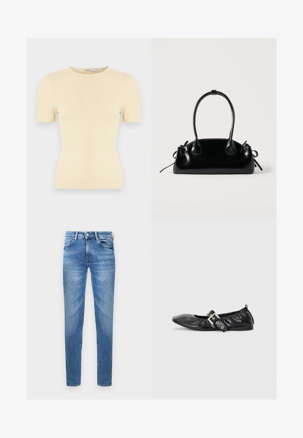 Lysegul ribstrikket t-shirt med korte ærmer, rund halsudskæring og tætsiddende pasform, med en blød tekstur og minimalistisk design.; Lyseblå denimjeans med slim fit. Funktioner inkluderer en knaplukning, fem lommer og en slidseffekt på lårene.; Sorte læder flade sko med spids tå, samling detaljer omkring åbningen, og en sølv spænde accent på den justerbare rem.; Lille sort blank håndtaske med to lange håndtag og snøre-detaljer i siden på en ensfarvet lys baggrund.