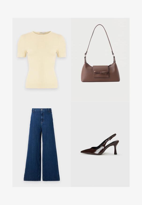 Lichtgele geribbelde T-shirt met korte mouwen en een ronde halslijn, met een aansluitende pasvorm, zachte textuur en minimalistisch ontwerp.; Replay PANTS - Straight leg jeans - dark blue; Bruine gepatineerde leren slingback pumps met een spitse neus, een dunne hak en een verstelbaar bandje met een kleine gesp.; Bruine leren schoudertas met een voorvak met klep en een gestikte strikdetail en een verstelbare band.