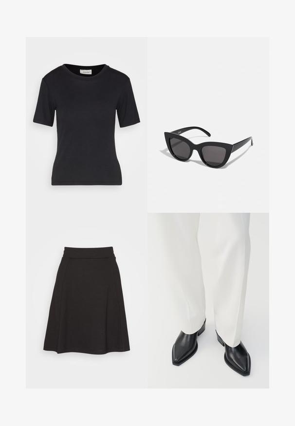 T-shirt noir à manches courtes en tissu doux, avec un col rond, une coupe ajustée et des coutures nettes, sans motifs ni graphiques.; Jupe noire évasée en tissu doux avec une texture lisse. Elle possède une large ceinture et arrive à mi-cuisse.; Bottines noires à bout pointu en cuir lisse, avec des talons bas en bloc, associées à un pantalon large blanc. Design simple et moderne.; Lunettes de soleil noires en forme d'œil de chat avec une finition mate, dotées de verres teintés gris, d'angles aigus et de branches élégantes. Nom de la marque visible sur la branche intérieure.