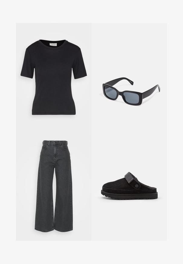 T-shirt noir à manches courtes en tissu doux, avec un col rond, une coupe ajustée et des coutures nettes, sans motifs ni graphiques.; Jeans taille haute à jambes larges en denim gris foncé. Design classique avec une coupe droite, comprenant des passants de ceinture et des poches avant.; Sabots en suède noir sans lacets avec un bout rond, une texture douce, une sangle ajustable et une épaisse semelle en caoutchouc avec un motif pour une meilleure adhérence.; Lunettes de soleil rectangulaires noires avec des verres teintés foncés, monture en plastique épaisse et branches larges. Surface lisse et design angulaire.
