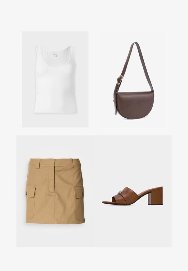 Hvid ribstrikket ærmeløs tanktop med rund halsudskæring og Hollister mærke i nakken bagtil.; Khaki bomuldsnederdel med en tætsiddende talje, to sidelommer med klaplukninger og lige snit. Holdbart materiale med en glat overflade.; Brun læder mule med åbent tåparti, firkantet sølvspænde og chunky blokhæle i mellemstørrelse på en ensfarvet hvid baggrund.; Brun skuldertaske i læder med en buet form, justerbar rem og detaljer i guldmetal. Glat tekstur og minimalistisk design.