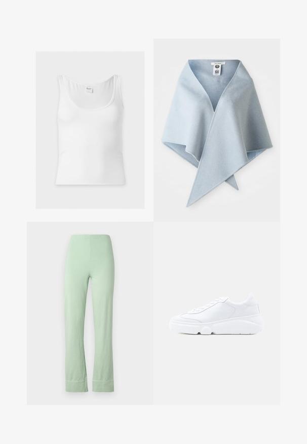Hvid ribstrikket ærmeløs tanktop med rund halsudskæring og Hollister mærke i nakken bagtil.; Lyst grønne bomuldsbukser med elastisk talje, cropped længde og let udvidet pasform. Har ren syning i kanten.; Hvid lavsko-sneaker med tyk sål, snørelukning foran og glat læderoverdel, vist i højre sideprofil mod ensfarvet baggrund.; Lyseblå uldindpakning med V-halsdesign, blød tekstur og spidse kanter, velegnet til lagdeling og ekstra varme.