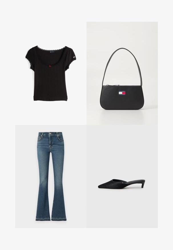 Sort ribbet kortærmet top med en scoop-udskæring, blondekant og en lille rød blomst detalje i midten.; Bredde jeans i mellemblå denim med høj talje, diskret slid, fem-lommemodel og synlige syninger.; Sorte suedeslippers med spids tå og lav hæl. Har en glat tekstur og åben ryg for nem påklædning. Simpelt design uden mønstre.; Sorte læderhandtaske med en buet form, kort hank og lynlåslukning. Har et multicolor logo patch på forsiden.