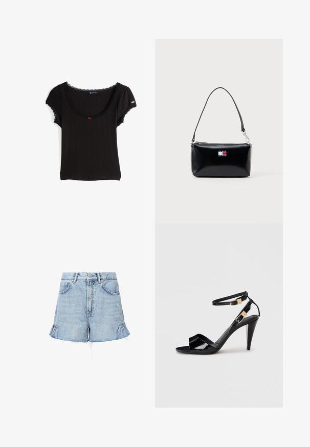 Sort ribbet kortærmet top med en scoop-udskæring, blondekant og en lille rød blomst detalje i midten.; Lyseblå denimshorts med en flosset kant, der har sidelæber, forlommer og en knappelukning med lynlås.; Sorte patentlæder højhælede sandaler med dobbelte ankelremme og guldspænder, åben tå og slank taperet hæl på neutral baggrund.; Sort rektangulær skuldertaske med kort rem og Tommy Jeans-logo i rød, hvid og blå på fronten i midten.
