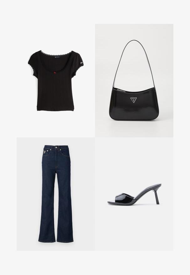 Top negro de manga corta con diseño acanalado, escote redondeado, detalles de encaje y una pequeña flor roja en el centro.; Jeans acampanados de un azul oscuro hechos de denim, con una cintura alta, cinco bolsillos y costuras naranjas en contraste. Incluye cierre de botón metálico.; Sandalias de tacón con punta abierta de charol negro, con un diseño superior curvado y tacón de aguja cónico. Acabado liso y brillante.; Bolso de hombro de charol negro con forma curva, que presenta un logotipo triangular plateado y un cierre de cremallera. Textura suave y correa delgada.