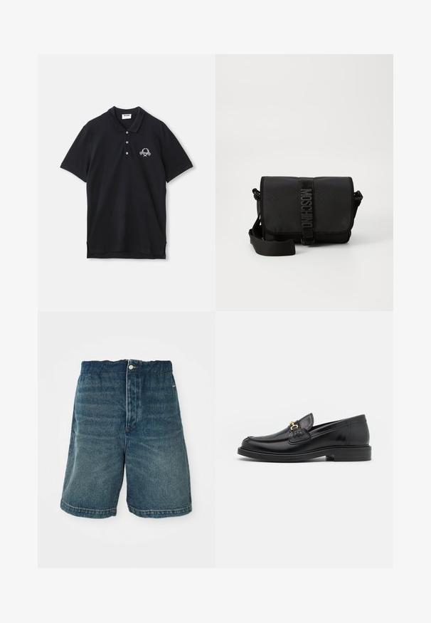 Schwarzes Poloshirt aus Baumwolle, mit einer Knopfleiste mit drei Knöpfen, kurzen Ärmeln und einem dekorativen gestickten Logo auf der Brust.; Dunkelblaue Denim-Shorts mit lockerer Passform, Knopfverschlüsse und sichtbaren Nähten an Saum und Taschen.; Schwarze Lederleter mit einer abgerundeten Zehenpartie, ausgestattet mit goldenen Hardwareakzenten und Stichdetails, auf einer niedrigen, strukturierten Gummisohle.; Schwarze Nylon-Crossbody-Tasche mit Klappe, ausgestattet mit einem auffälligen Logo-Gurtverschluss, verstellbarem Tragegurt und seitlichen Steppnähten.