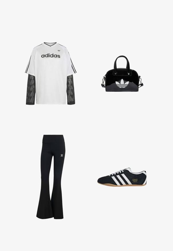 Weißes Adidas Langarmshirt mit schwarzen Netzärmeln, schwarzem Adidas-Logo und Schriftzug auf der Brust sowie drei schwarzen Streifen auf den Schulternärmeln.; Schwarze gerippte Schlagleggings mit einem breiten Bund, ausgestattet mit einem kleinen weißen Adidas-Logo auf der oberen linken Seite. Weicher Stoff.; Schwarze Wildledersneaker mit drei weißen Streifen, goldenem Logo und brauner Gummisohle. Merkmale ein niedrigprofiliertes Schnürdesign.; Schwarze Handtasche aus Lackleder mit abgerundeter Form, doppelten Tragegriffen, silbernen Akzenten und einem auffälligen weißen Logo auf der Vorderseite.