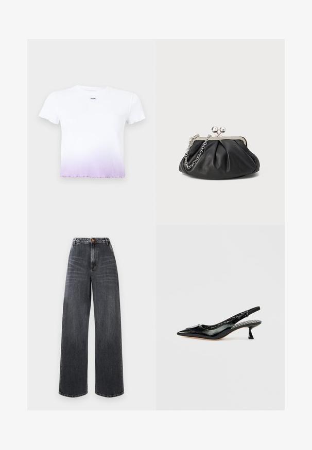 Hvid ribbet crop top med korte ærmer, med en subtil lilla gradient ved kanten og et lille Moschino-label på brystet.; Højlivede, vide jeans i mørkegrå denim med falmede detaljer, med en frontknaplukning og traditionelt fem-lomme design.; Sorte slingback-stiletter i laklæder med spids tå, tekstureret overflade og en lille hæl. Indersiden har en mønstret foring med tekst.; Sort læder clutch med samlet tekstur, sølvfarvet metalramme, kys-lås lukning og kædestrop. Glat, blød overflade.