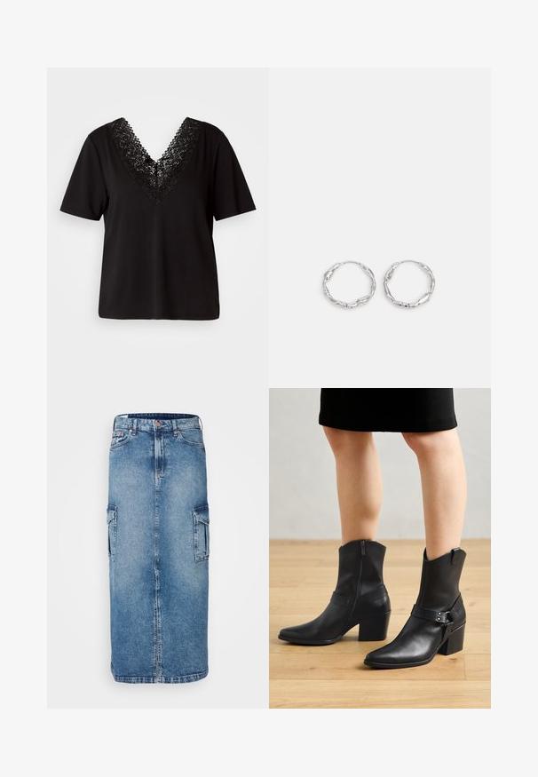 Vero Moda VMJUNE - T-shirts print - black; Lys blå denim midi-nederdel med to sidelommer, en frontslids og klassisk knap- og lynlåslukning. Slidte detaljer over hele.; Sorte læder ankelstøvler med spids tå, lynlås lukning, buet hæl og en dekorativ rem med metal detaljer.; Sølv hoops med en bølget, uregelmæssig tekstur. Har en tynd, cirkulær form og en reflekterende finish.