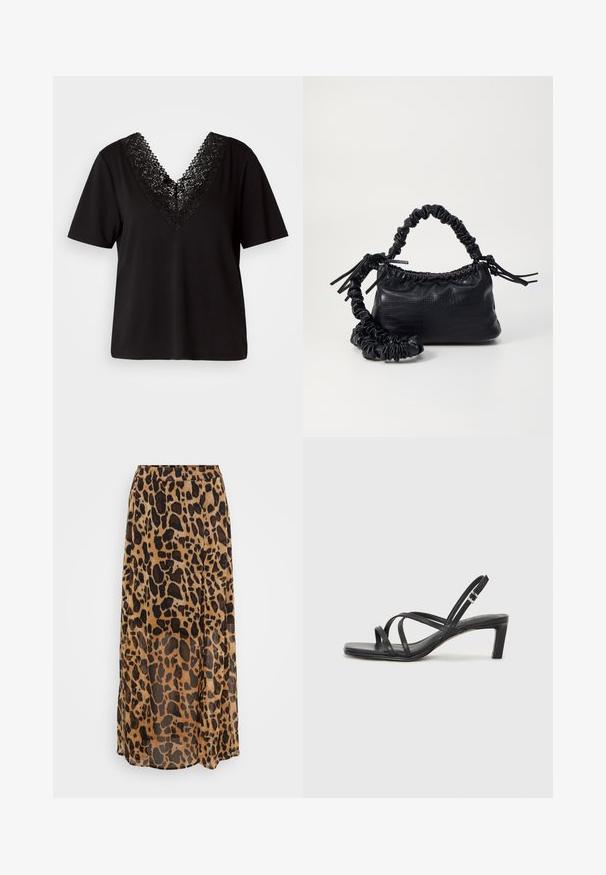 Vero Moda VMJUNE - Trükipildiga T-särk - black; Leopardimustriga pikk seelik pruunide ja mustade toonidega, valmistatud kerge kangaga, voolava disainiga ja elastse vöökohtaga.; Mustast rihmajalatsid ruudukujulise varba ja madala ploki kontsaga. Omab mitmeid õhukesi rihmasid ja reguleeritavat pahkluu rihma. Valmistatud siledast nahast.; Must must sünteetilisest nahast käekott, millel on krokodillimuster, kokku tõmmatav ülaosa ja kortsus rihm. Tundub pehme ja kompaktne disain.