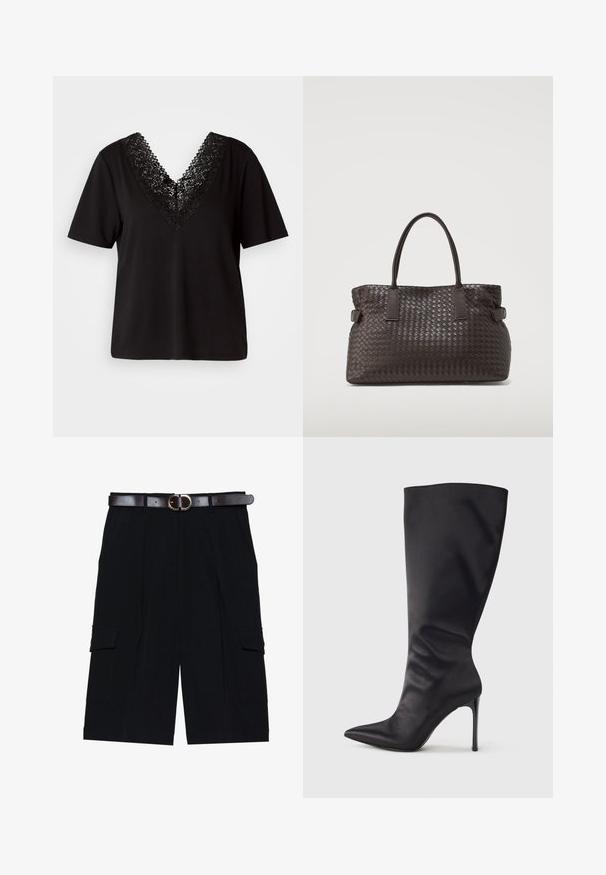 Vero Moda VMJUNE - T-shirts print - black; Sorte cargo shorts lavet af letvægtsstof, med lige snit, sidelommer og et brunt læderbælte med en sølvspænde.; Sort knæhøj stiletstøvle lavet af glat, glansfuldt materiale; spids tå; tætsiddende pasform med let samling nær anklen; skinnende hæl.; Mørkebrunt vævet læder tote taske med to håndtag og sidespændedetaljer på ensfarvet baggrund.