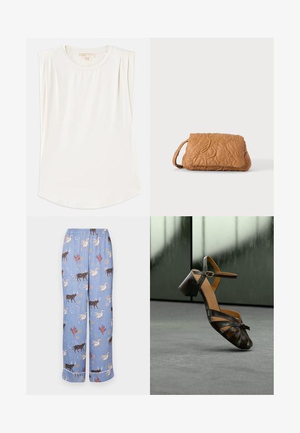 Top sans manches blanc en tissu lisse, avec un col rond et de légères plis aux épaules, et un ourlet incurvé.; Un pantalon de pyjama bleu avec un motif fantaisiste mettant en vedette des vaches, des créatures mythiques et des éléments célestes ; taille élastique et jambes larges.; Sandale à talon en cuir noir avec bride de cheville, boucle et lanières avant nouées, positionnée sur un sol gris avec un arrière-plan flou.; Pochette en cuir matelassé couleur camel avec une couture florale et une petite lanière pour poignet sur un fond blanc uni.