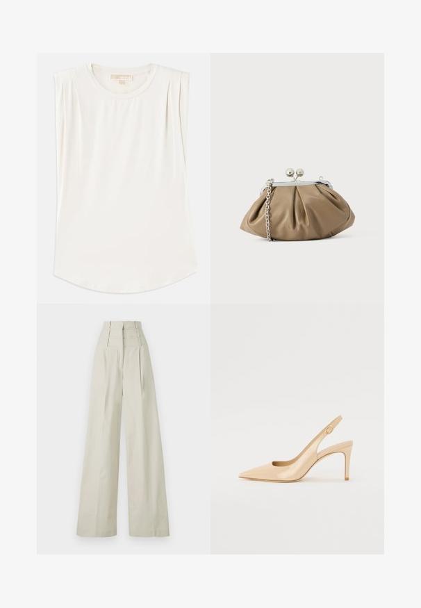 Top sans manches blanc en tissu lisse, avec un col rond et de légères plis aux épaules, et un ourlet incurvé.; Pantalons larges beiges en tissu lisse, avec une taille haute dotée de trois bandes horizontales et des plis à l'avant.; Escarpin slingback en cuir verni nude avec un bout pointu, un décolleté ouvert et un talon aiguille fin. Comprend un accent doré circulaire sur la sangle.; Pochette en cuir beige clair à la forme arrondie, texture plissée, fermeture à verrou argentée et bandoulière chaîne amovible.
