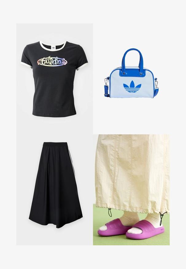 Schwarzes Baumwoll-T-Shirt mit weißem, geripptem Kragen und Ärmeln. Auf der Vorderseite befindet sich ein farbenfrohes, stilisiertes "Adidas"-Logo.; Schwarze weit geschnittene Hose mit elastischem Bund und weißen Seitenstreifen, vor einem schlichten weißen Hintergrund präsentiert.; Lila Gummischlappen mit einem strukturierten Bandsdesign, getragen über cremefarbigen Socken, kombiniert mit einem hellbeigen Rock. Grüner Boden.; Blaue und weiße Handtasche mit glänzendem Finish, ausgestattet mit zwei blauen Griffen, einem abnehmbaren Schulterriemen und einem auffälligen blauen Logo auf der Vorderseite.