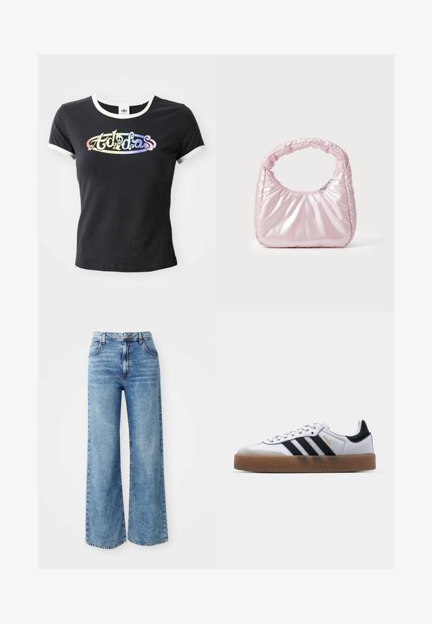 Schwarzes Baumwoll-T-Shirt mit weißem, geripptem Kragen und Ärmeln. Auf der Vorderseite befindet sich ein farbenfrohes, stilisiertes "Adidas"-Logo.; Hellblaue Denim-Jeans mit weit geschnittenem Bein und hoher Taille, ausgestattet mit fünf Taschen, einer Knopfverschluss und kontrastierender Naht entlang der Nähte.; Weiße Leder Sneakers mit schwarzen Streifen, Gummigummi-Außensohle, runder Zehenform, Schnürverschluss und weichem grauem Wildleder-Zehenkappe.; Rosa, gepolsterte Handtasche mit abgerundeter Form, aus glänzendem Material gefertigt. Verfügt über einen gerafften Griff und einen Reißverschluss für sicheren Zugang.