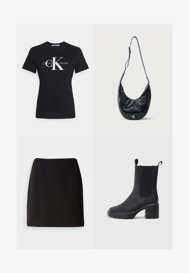 Camiseta de algodón negra con mangas cortas, que presenta un logo blanco "CK" y el texto "Calvin Klein Jeans" en una tipografía moderna en la parte delantera.; Falda negra con una silueta ajustada, hecha de una tela suave. Presenta sutiles pliegues frontales y un diseño de longitud a mitad del muslo.; Botín negro de tobillo hecho de un material de goma liso, con paneles laterales elásticos, tacón bloque y tiradores en la parte superior para facilitar su uso.; Bolso de hombro de cuero negro con forma de media luna, con correa ajustable y logo "cK" plateado en la parte frontal, sobre un fondo blanco liso.