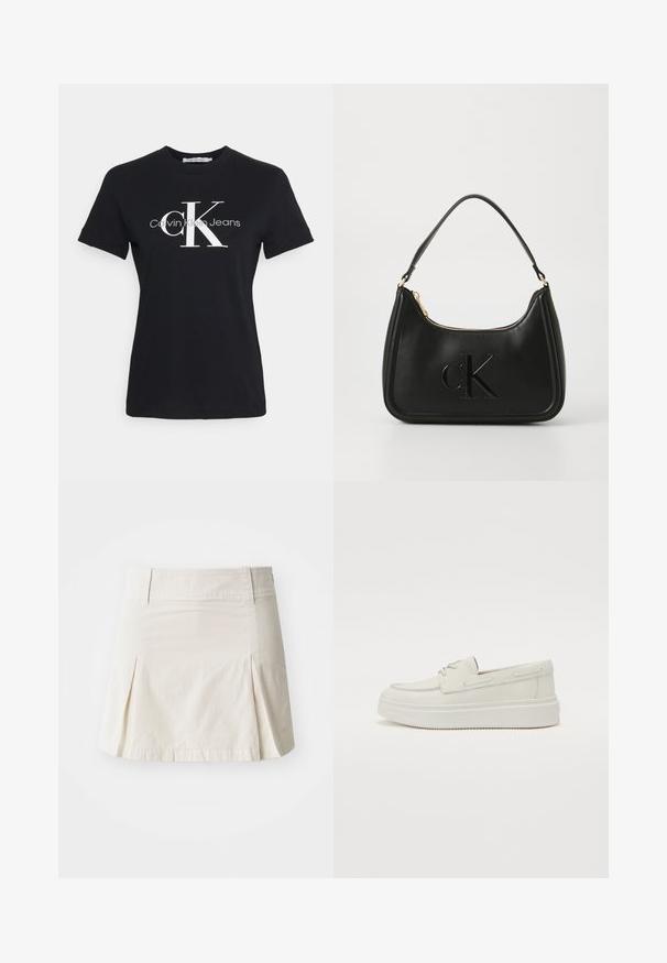 Čierne bavlnené tričko s krátkymi rukávmi, s bielym logom "CK" a textom "Calvin Klein Jeans" v modernom písme na prednej strane.; Svetlo béžová bavlnená sukňa s priliehavým pásom, skladaným dizajnom a priamym lemom, s hladkou textúrou a bez viditeľného kovania.; Biele kožené slip-on topánky s okrúhlou špičkou, minimálnym šitím a hrubou bielou gumovou podrážkou. Obsahuje bočné akcenty na šnurovanie.; Čierna kožená kabelka so zakriveným tvarom, s zlatým zipsom a jemne embosovaným logom "cK". Hladká textúra a jediná rúčka.