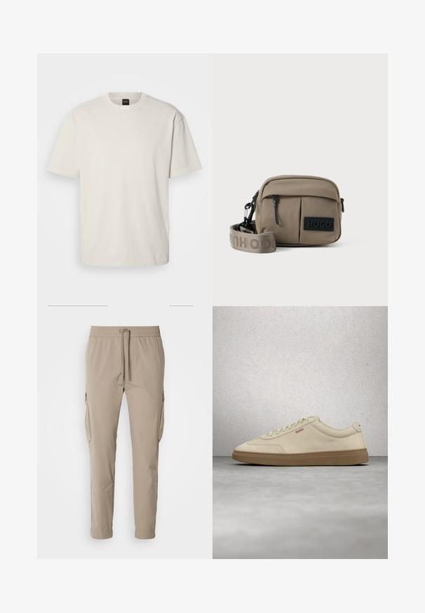 Camiseta de manga corta y cuello redondo en algodón color blanco roto, con un corte recto y un logo minimalista en el cuello. Textura suave, sin patrones.; Pantalones cargo beige con cintura elástica y cordón. Presenta bolsillos laterales y un diseño de pierna ajustada, fabricados en tela ligera.; Zapatilla de ante beige claro con suela de goma color caramelo, cordones prominentes y detalles de costura sutiles. Diseño limpio con una estética minimalista.; Bolso cruzado de nailon caqui con dos bolsillos frontales con cremallera, correa ajustable y un parche negro con el logo en la parte frontal. Textura suave.