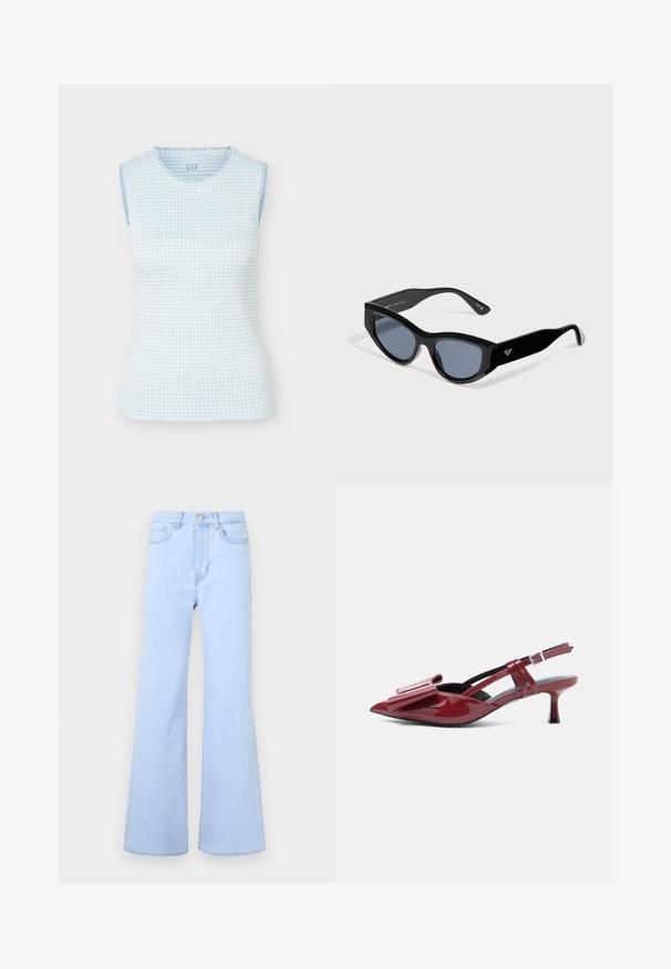 Ärmelloses, hellblau-weiß kariertes Top mit rundem Ausschnitt und dezenten Rüschenkanten auf weißem Hintergrund.; Helle blaue Schlagjeans mit hoher Taille, die über fünf Taschen, einen Knopfverschluss und eine glatte Denim-Oberfläche verfügen. Der Saum ist sauber genäht.; Rote Lackleder-Slingback-Kitten-Heels mit spitzem Zehenbereich und großem Schleifendetail auf der Oberseite vor weißem Hintergrund.; Schwarze Cateye-Sonnenbrille mit dunklen Gläsern und dicken Bügeln, mit einem kleinen weißen Logo auf einer Seite.