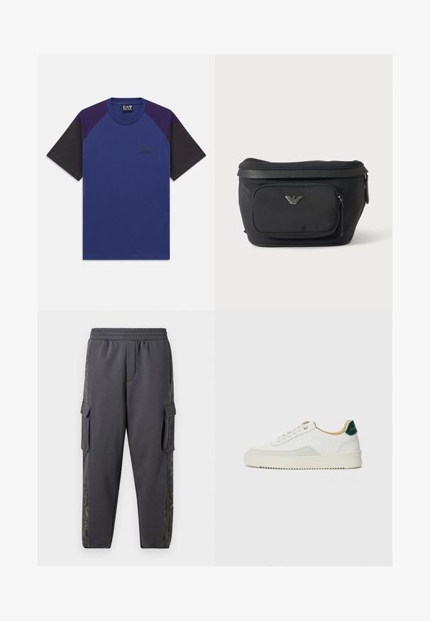 T-Shirt mit kurzen Ärmeln und Rundhalsausschnitt, dunkelblaue Vorderseite, lila Schultern, schwarze Ärmel und kleinem EA7 Emporio Armani Logo auf der Brust.; Graue Jogginghosen aus einem weichen Stoff, mit Cargo-Taschen und einem gemusterten Seitenstreifen für zusätzliche Details. Mit elastischem Bund.; Weiße Sneaker mit Wildlederelementen, runder Zehenpartie, flachen Schnürsenkeln und einer cremefarbenen Gummisohle. Mit grünen Markenlogo am Fersenbereich.; Schwarze Bauchtasche mit Frontreißverschlusstasche und silbernem Adlerlogo, glattes Gewebe mit strukturiertem Besatz und Reißverschlussanhängern.