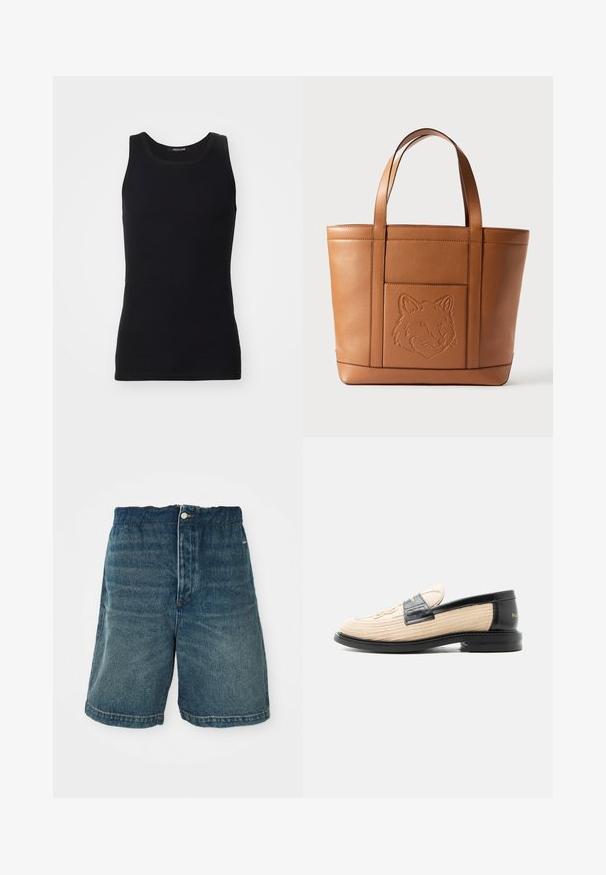 Schwarzes Tanktop aus einem glatten, dehnbaren Material. Verfügt über einen runden Halsausschnitt und keine Ärmel, mit einer engen Passform und einfachem Design.; Dunkelblaue Denim-Shorts mit lockerer Passform, Knopfverschlüsse und sichtbaren Nähten an Saum und Taschen.; Beiger gewebter Loafer mit schwarzem Lederbesatz, abgerundeter Spitze, schwarzer Sohle und dekorativem gesteppten Muster an der Oberseite.; Braune Ledertasche mit eingeprägtem Fuchs-Gesicht, rechteckiger Form, zwei flachen Griffen und dezenten Steppnähten.