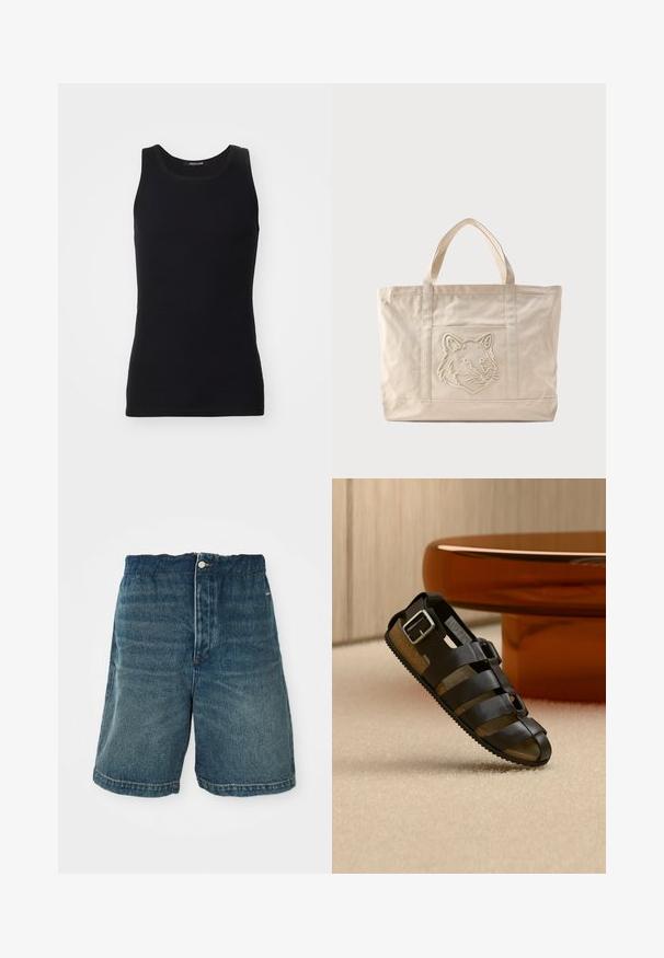 Schwarzes Tanktop aus einem glatten, dehnbaren Material. Verfügt über einen runden Halsausschnitt und keine Ärmel, mit einer engen Passform und einfachem Design.; Dunkelblaue Denim-Shorts mit lockerer Passform, Knopfverschlüsse und sichtbaren Nähten an Saum und Taschen.; Schwarze Ledersandale mit mehreren Riemen und einer silbernen Schnalle, auf beigem Teppich vor einem runden Holztisch präsentiert.; Beige Canvas-Tragetasche mit doppelten Griffen und einem geprägten Wolfskopfdesign auf der Fronttasche.