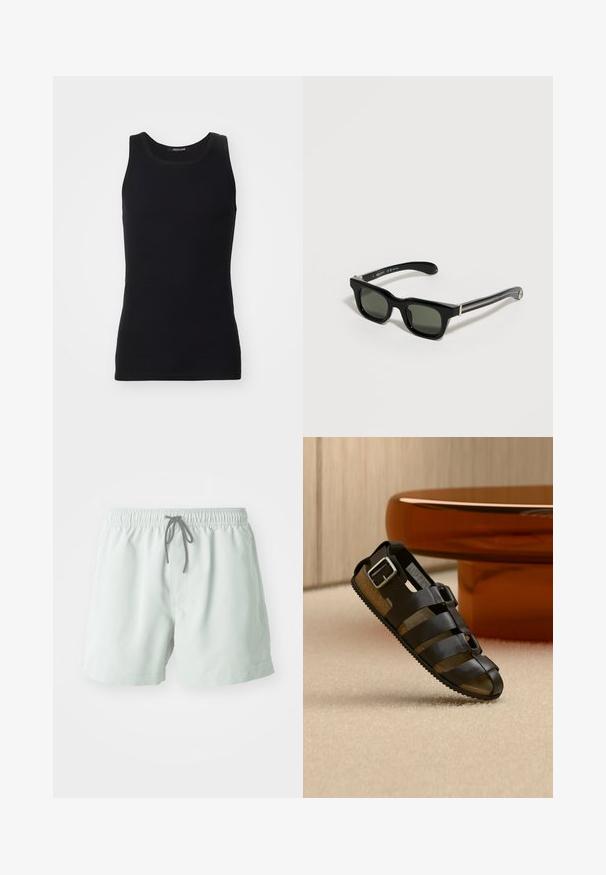 Musta tank top, valmistatud siledast ja venivast materjalist. Omab ümarat kaelust ja ilma varrukateta disaini, sobib peene lõike ja lihtsa välimusega.; Kerged rohelised ujumispüksid elastse vöökoha, reguleeritava stringi ja küljetaskutega. Sile tekstuur, reitest kõrgem pikkus.; Mustast nahast sandaal mitme rihmaga ja hõbedase pandlaga, esitatud beežil vaibal puidust ümarlaua ees.; Mustad ristkülikukujulised päikeseprillid paksude raamide ja tumedate läätsedega, mis on asetatud heledale pinnale.
