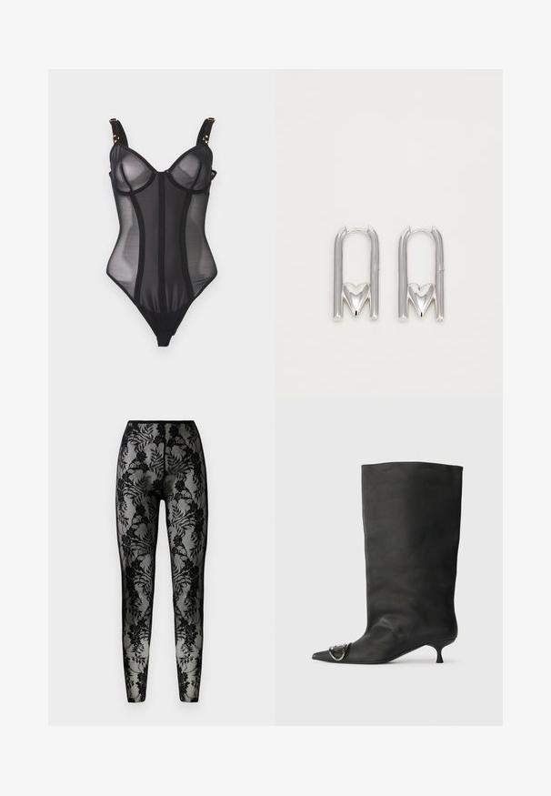 Sort gennemsigtig mesh-body med undertrådskopper, justerbare stropper med gulddetaljer og strukturerede vertikale sømme for formgivning.; Sorte blonde leggings med blomstermønster, gennemsigtigt stof og en tæt pasform, med en glat talje og lukkede sømme.; Sort læder ankelstøvle med spidse tå, lille hæl og metallisk detalje på tæerne. Glat, mat overflade hele vejen igennem.; Sølv metal øreringe med en U-form og en hjerteaccent ved bunden, glat tekstur og en poleret overflade.